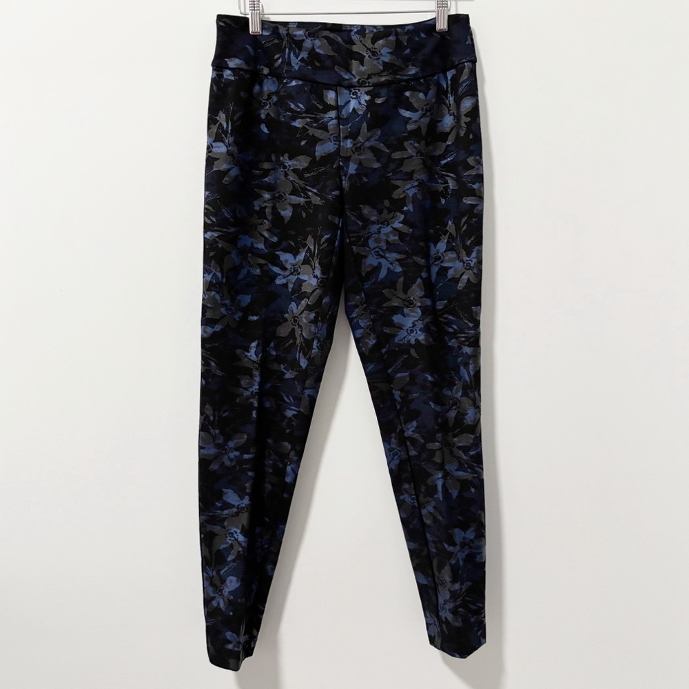 Carmen Marc Valvo Floral Pants Womens Size Medium Black and Blue Shimmer Pullon